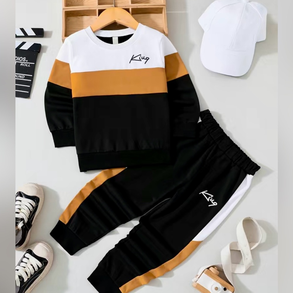 NWOT Boy's Color Clash 2pcs, KING Print Sweatshirt & Sweatpants Set